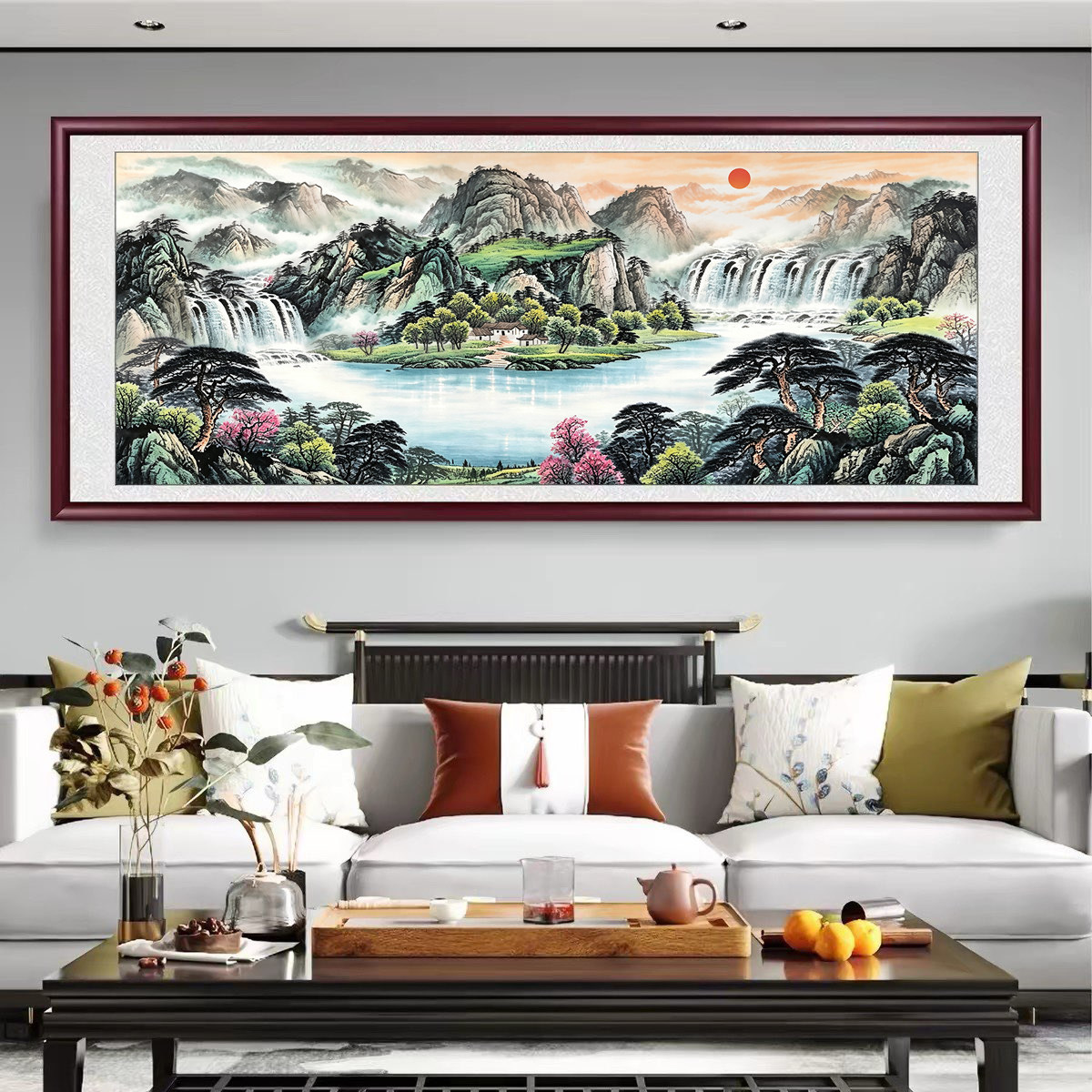 旭日东升钻石画满钻新款客厅办公室国画山水粘钻十字绣聚宝盆全贴