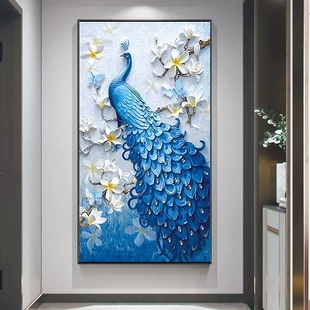 孔雀钻石画满钻新款玄关竖版点钻十字绣5d砖石绣贴画客厅入户进门