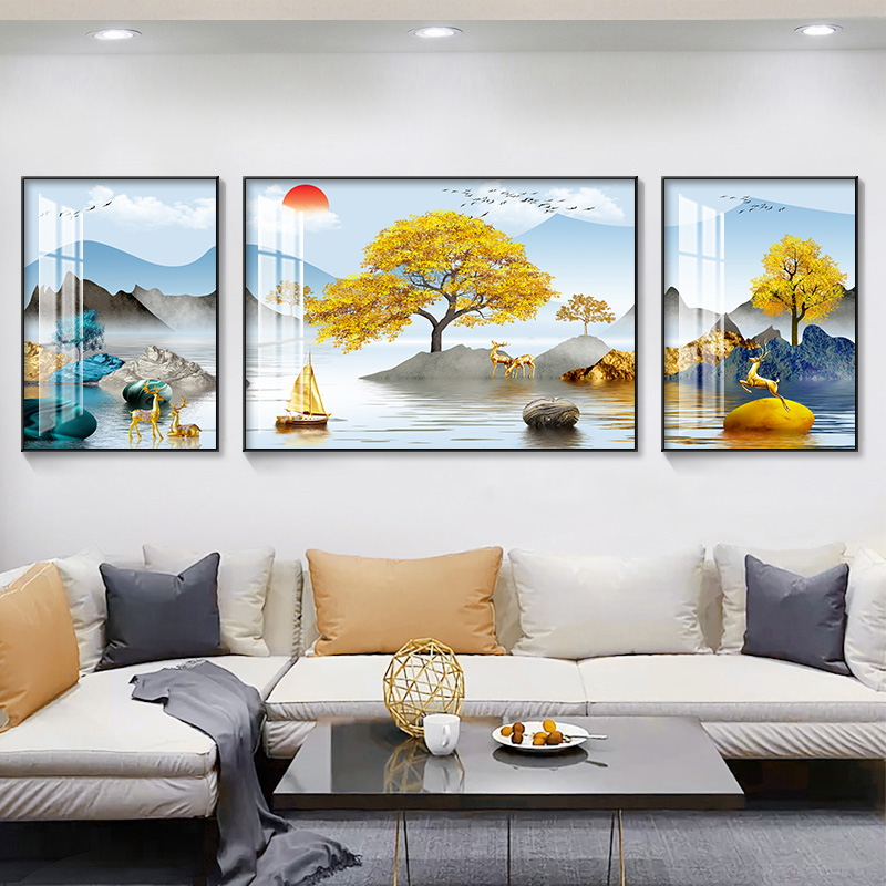 2025新款轻奢客厅钻石画满钻山水三联画点钻十字绣背有靠山钻石绣