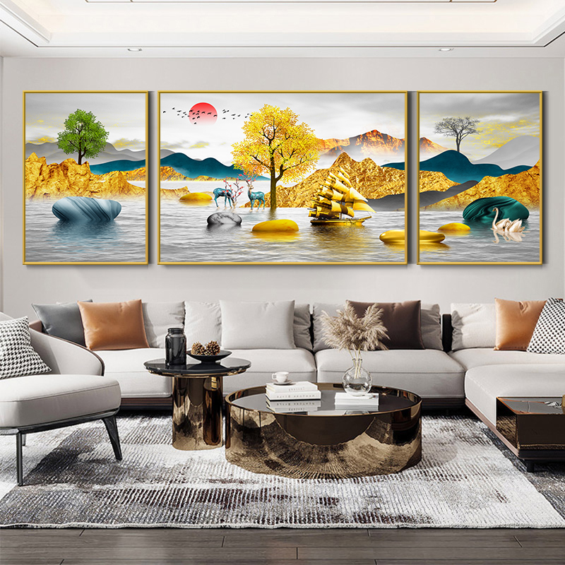 钻石画中式背靠山水招财三联画客厅贴钻十字绣2025新款满钻水晶钻