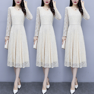 RY1462#秋装大码女装新款裙子连衣裙蕾丝中长款a字裙女
