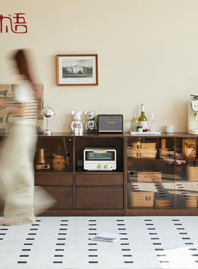 书柜组合柜矮柜实木置物柜带玻璃门落地模块客厅展示柜胡桃木色