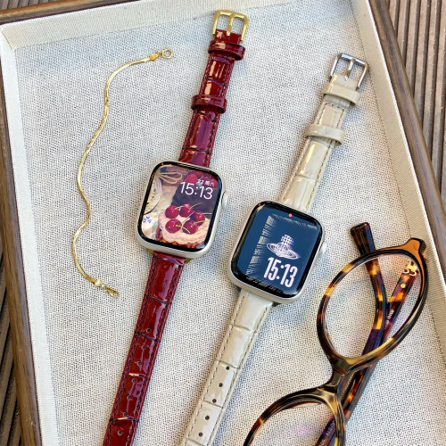 康康的复古酒红色车厘子显白竹节纹适用iwatch11se10苹果手表表带