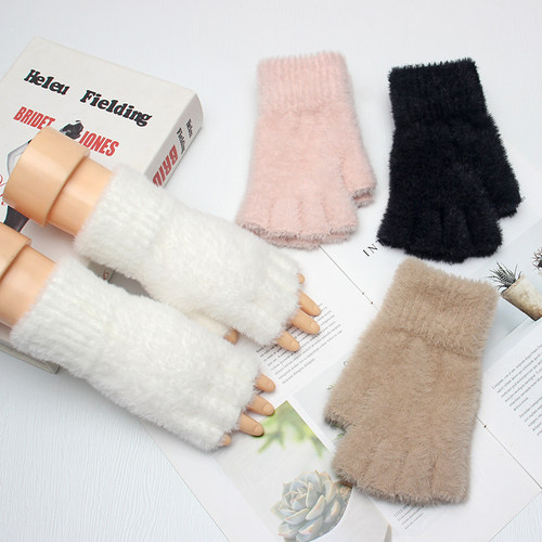 加厚保暖半指手套女冬