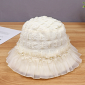 新款 好看显脸小防晒盆帽百搭遮阳帽 帽子珍珠蕾丝花边渔夫帽女秋季