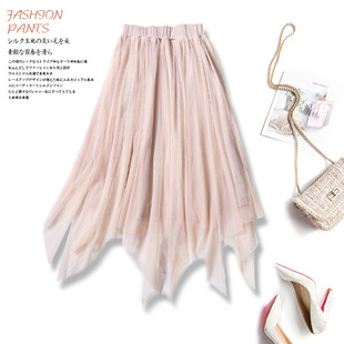 不规则网纱半身裙女韩版百搭中长款松紧高腰显瘦a字百褶裙