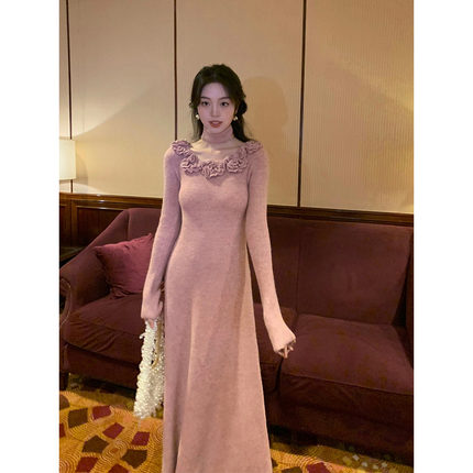 SYT自制 大圆领温柔围脖花朵气质针织衫女冬季优美复古收腰连衣裙