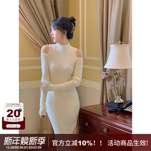 内搭打底裙子 气质修身 SYT约会小心机 露肩针织连衣裙女秋冬中长款