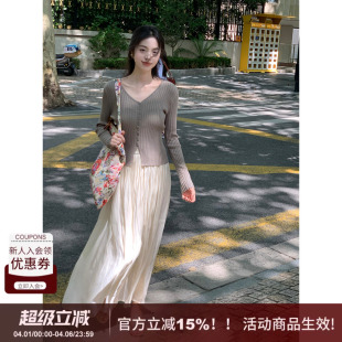SYT温柔婉约 杏色百褶裙 松弛感飘逸大摆褶皱高腰半身裙女显瘦长款