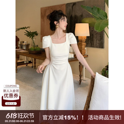 SYT法式方领褶皱收腰短袖连衣裙女夏季高品质垂感气质大摆裙桑桑