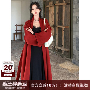 大衣外套女 宽松型双面棉羊毛绑带修身 SYT自制 纯色复古气质中长款