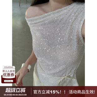 复古优雅气质亮片设计感荡领两穿背心套头上衣系带显瘦女 SYT自制