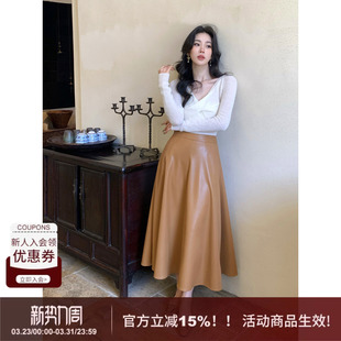 晨露 a字皮裙赫本风修身 SYT自制 时尚 显瘦大摆皮质半身裙 法式