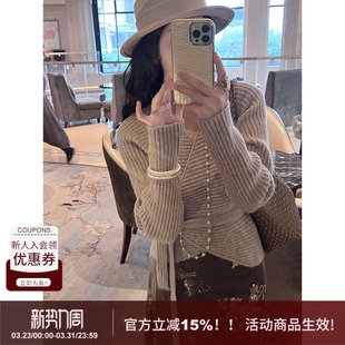 SYT自制 女小众设计感复古风气质显瘦毛衣 绑带收腰羊毛V领针织衫