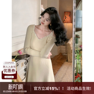 SYT自制 纯欲水钻桃心领针织连衣裙显瘦包臀裙女秋冬内搭打底长裙