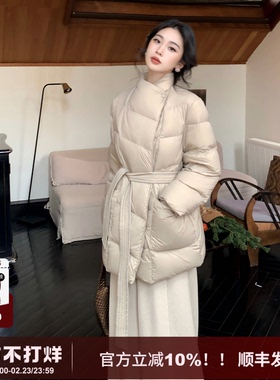 SYT自制 复古风高端纯色高品质90白鸭绒保暖中腰长款口袋羽绒服女