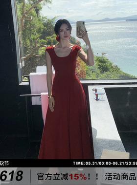 SYT原创 法式圆领长款大摆连衣裙女2026春季新款U型领大摆长裙子