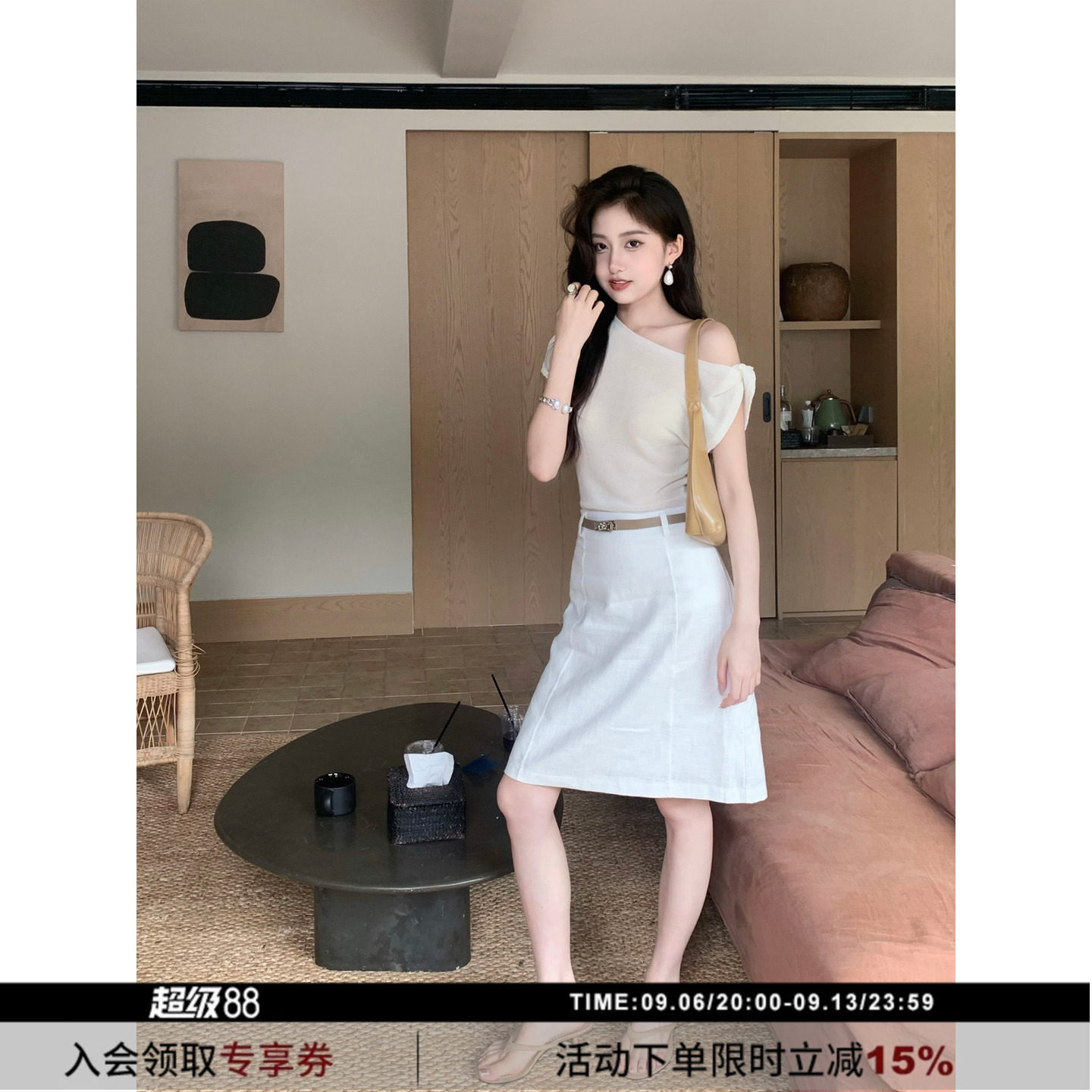 SYT自制苎麻短裙配腰带半身裙图片