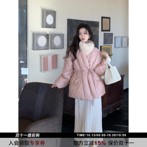 SYT现货狐狸毛围脖收腰羽绒服