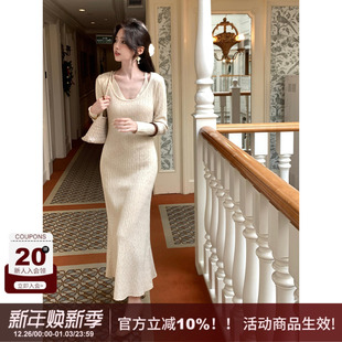 针织A字修身 假两件圆领吊带套头长袖 显瘦鱼尾连衣裙 法式 SYT自制