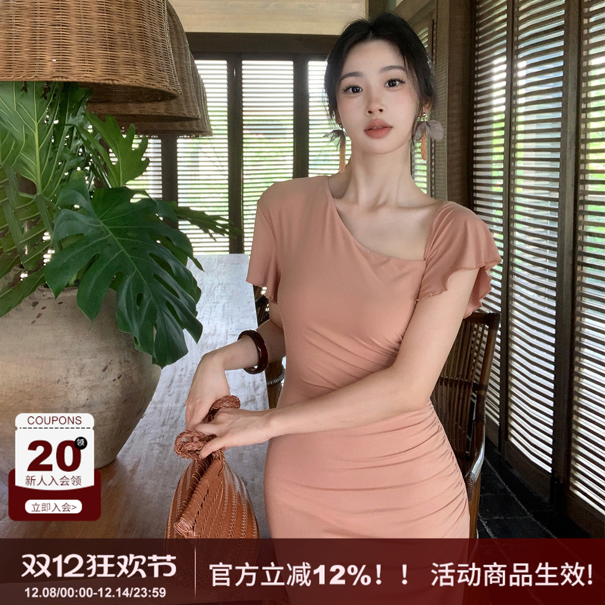 面料超舒服斜肩修身显瘦连衣裙