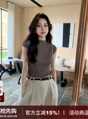 【阡陌】SYT自制 纯色休闲风螺纹坑条修身显瘦短袖针织上衣T恤女