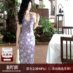 SYT自制 复古包臀印花裙 大花朵木耳边挂脖绑带连衣裙女2026春新款