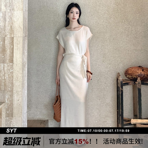 亚麻极简禅意绑带套装连衣裙