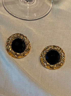 SYT复古港风BI入黑色圆形大耳环女2025新款宫廷风气质高级感耳钉