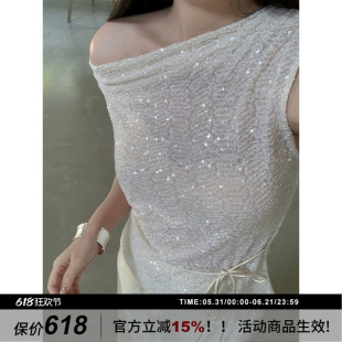 SYT自制 复古优雅气质亮片设计感荡领两穿背心套头上衣系带显瘦女