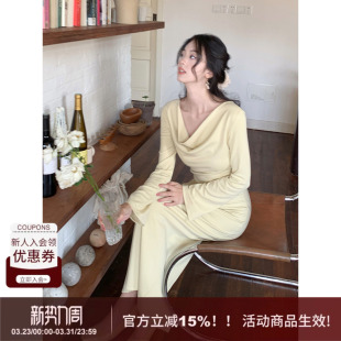 裙子 高腰针织显瘦长袖 SYT自制 极简荡领收腰连衣裙女秋冬复古修身