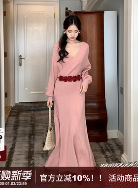 SYT自制 慵懒宽松感螺纹针织长款收腰显瘦套头长袖A字型连衣裙女