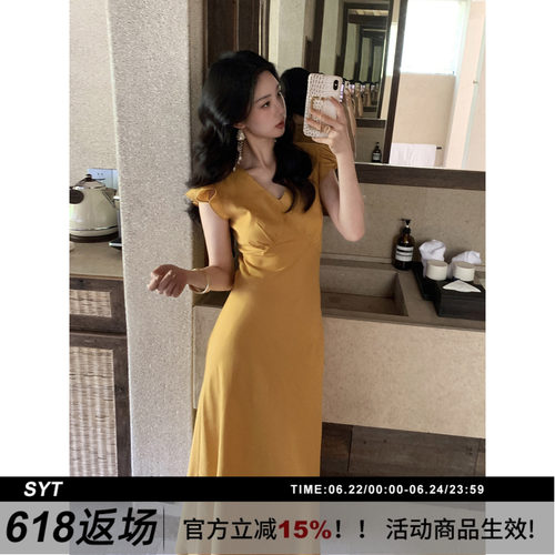 小飞袖天丝亚麻绑带V领连衣裙