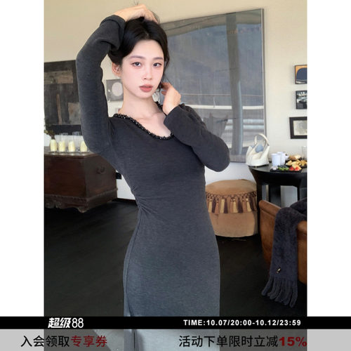 SYT现货修身U型领珠子连衣裙