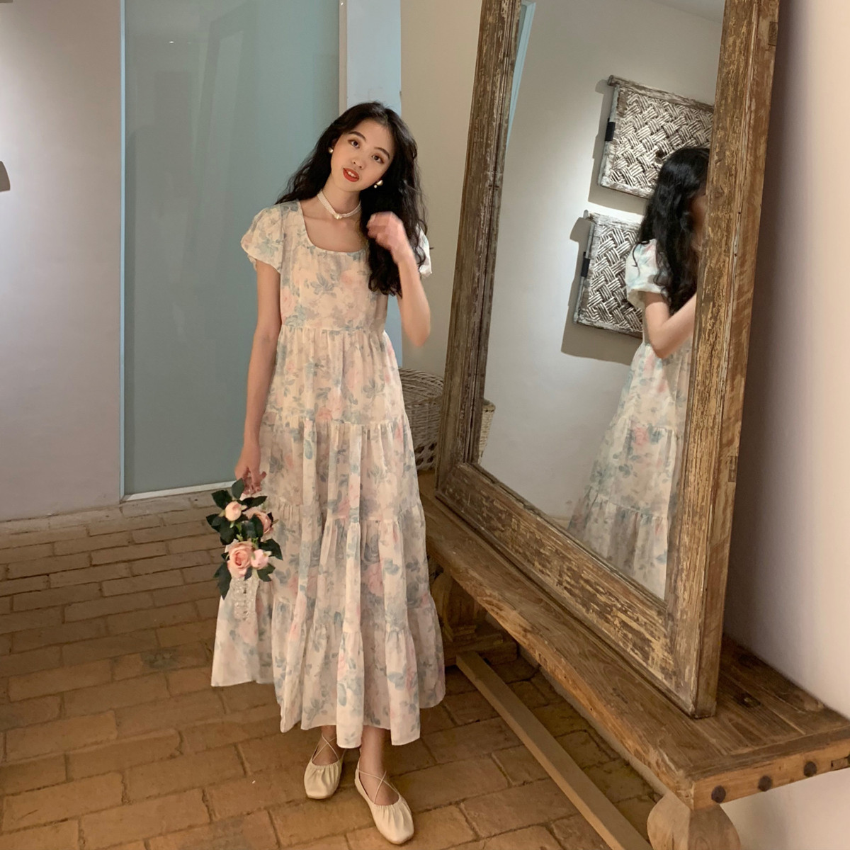 SYT甜美娃娃裙 方領花朵短袖公主連衣裙顯瘦仙女裙度假大擺裙子女在類目 女裝/女士精品, 連衣裙中 - 來自Buy2taobao.com提供專業的淘寶代購服務