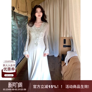 针织修身 优雅风重工绣珠片坑条精致款 型A字连衣裙女 法式 SYT自制