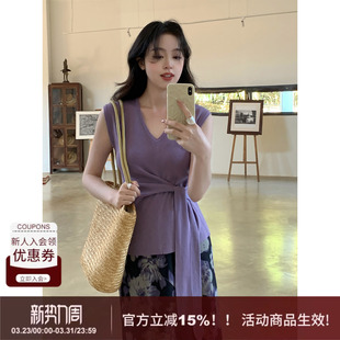 休闲复古风V领套头无袖 SYT自制 针织绑带上衣收腰型T恤女 染就