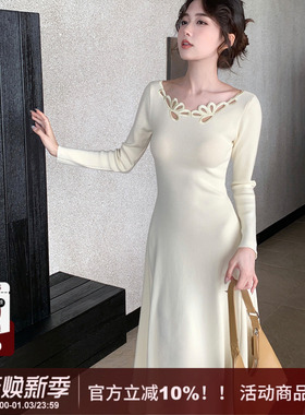 SYT自制 法式名媛风花朵镂空A字百搭针织连衣裙修身显瘦大摆裙