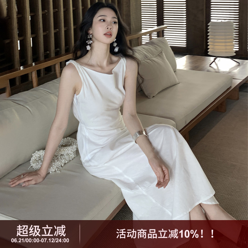 SYT自制 亚麻荡领扭结吊带连衣裙女2025夏季新款收腰大摆A型长裙