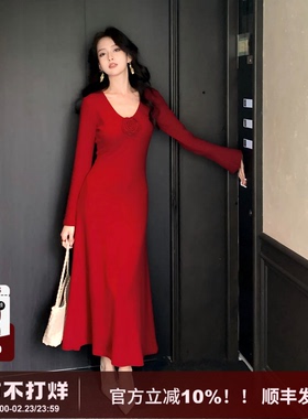 【漫香溪】SYT自制 新年红色优雅风连衣裙v领花朵修身A字针织裙女