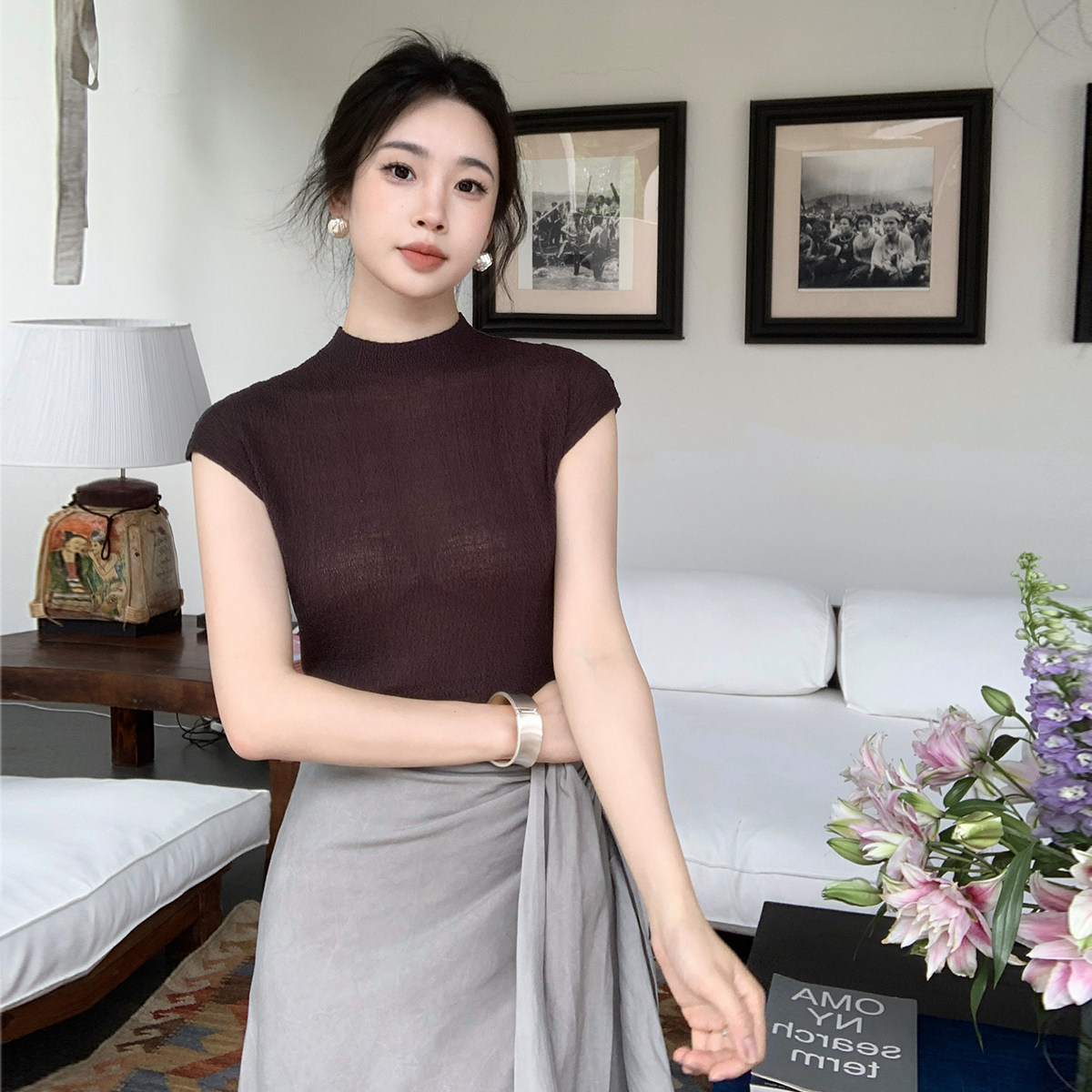 SYT自制 100天丝肌理感舒适透气短袖T恤女2026春新款纯色修身上衣 - 实物图