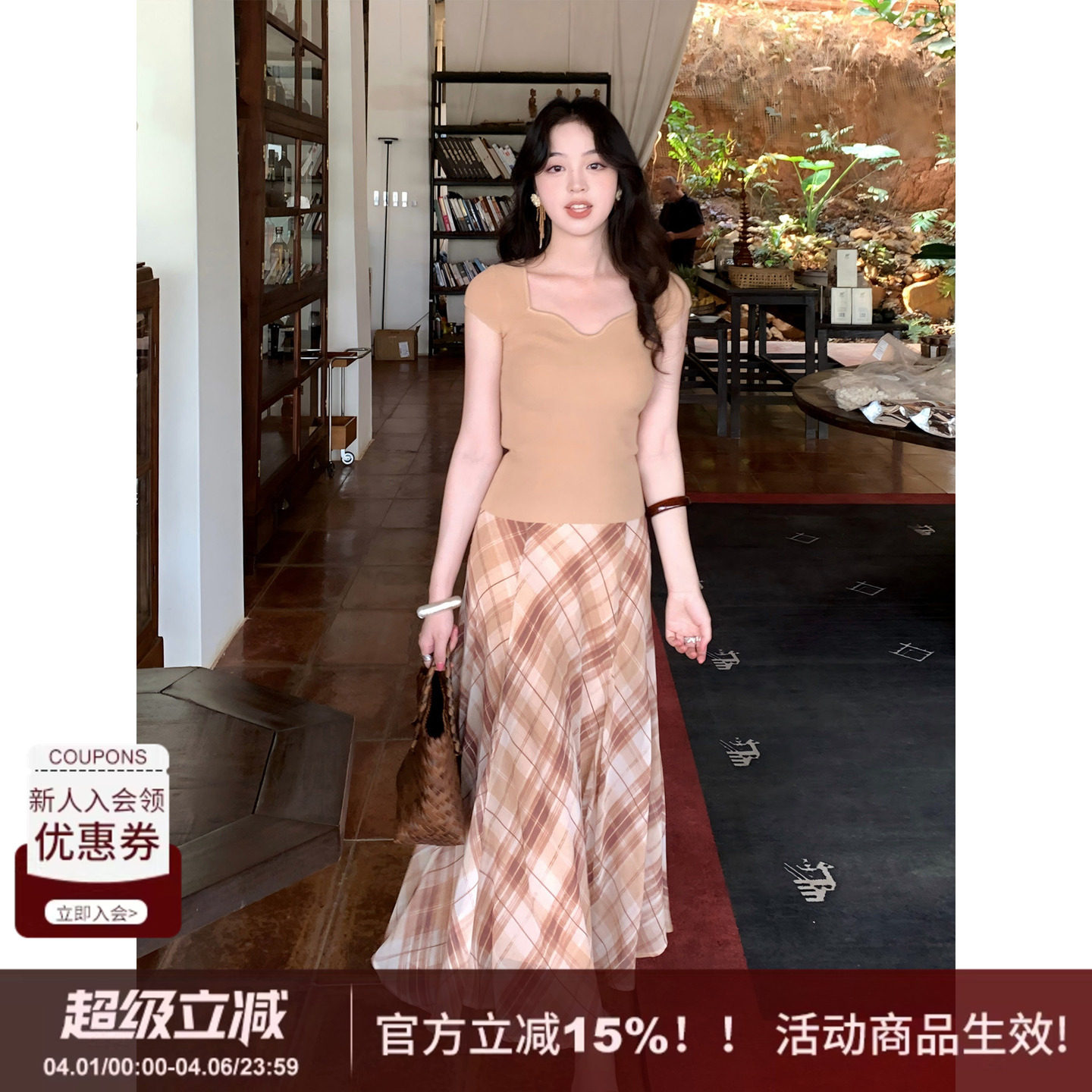 SYT自制 复古休闲风通勤高品质雪纺格子高腰中长款直筒半身裙女