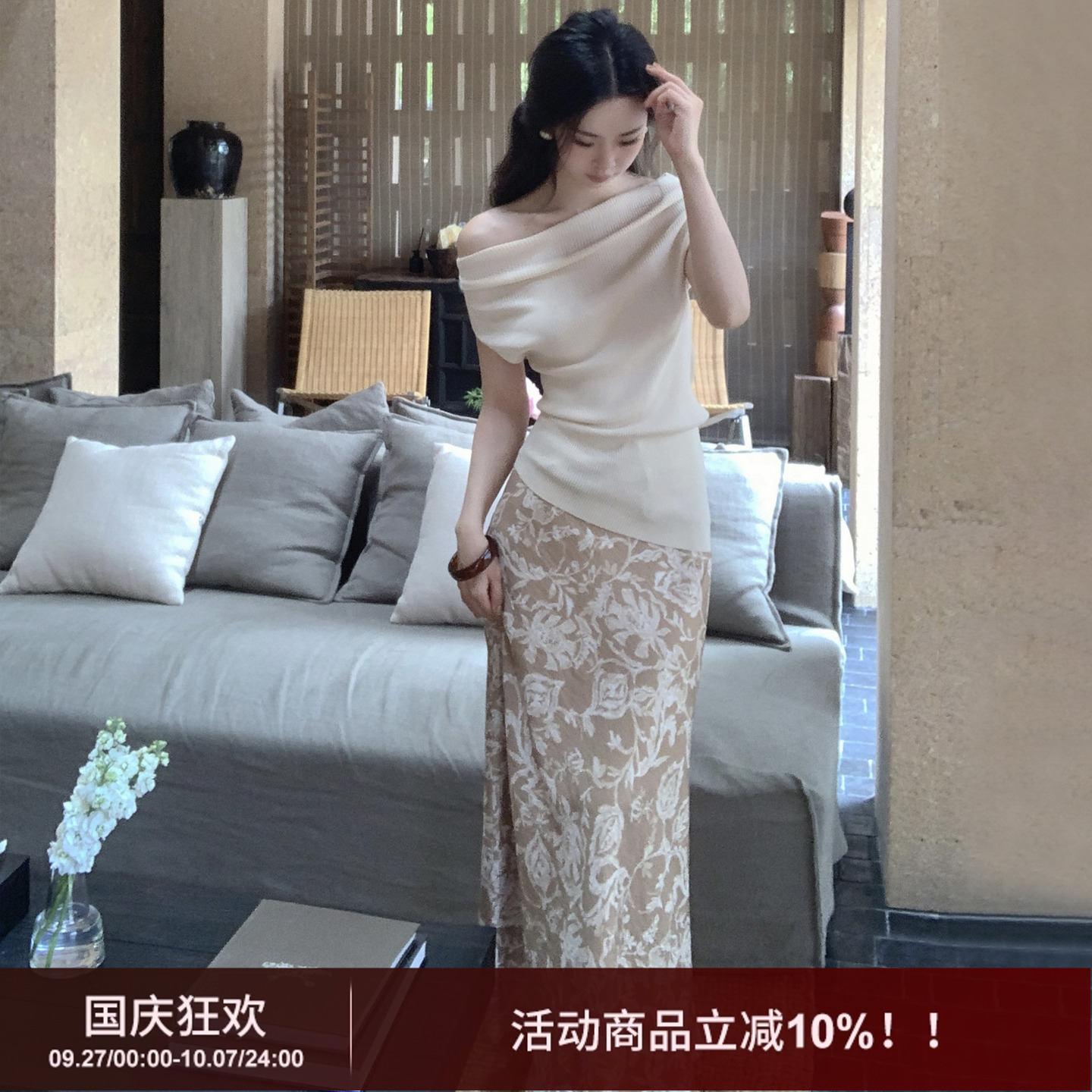 SYT原创 天丝度假印花绑带收腰长款半身裙女2025夏季新款高腰裙子