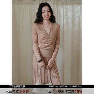【安然】SYT自制 纯色优雅老钱风100天丝V领针织休闲套装连衣裙女