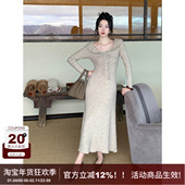 SYT自制 小翻领收腰长裙 新款 荷叶边收腰修身 羊毛针织连衣裙女冬季