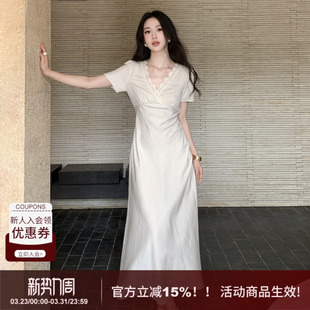 收腰显瘦长裙 新款 SYT原创 亚麻高品质蕾丝v领连衣裙女2026春季