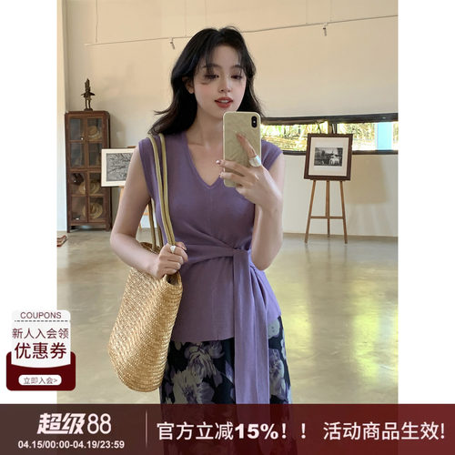 SYT自制无袖针织绑带上衣T恤