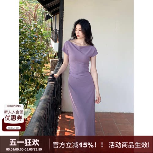 SYT挡手臂露肩收腰短袖连衣裙