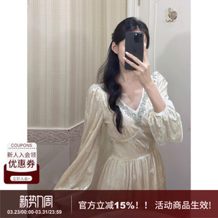 优雅气质泡泡袖 法式 SYT自制 丝绒刺绣V领水钻A字连衣裙女 漱玉