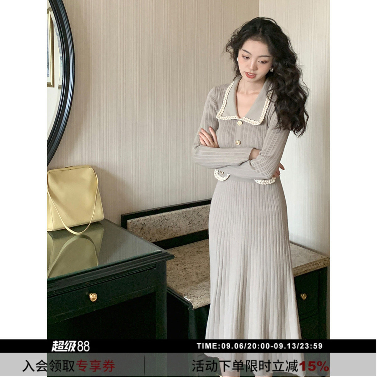新品●小香风翻领显瘦针织连衣裙图片